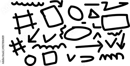 Black  marker highlight set. Underlines, emphasis elements and arrows for hand drawn notes and text design. Vector bold marker strokes, vector illustration 