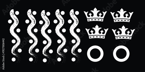 Royal crowns and symbolic patterns on black background