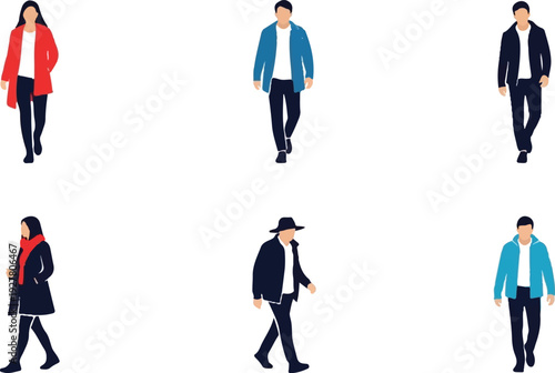 Silhouettes of diverse individuals in various outfits isolated on white background