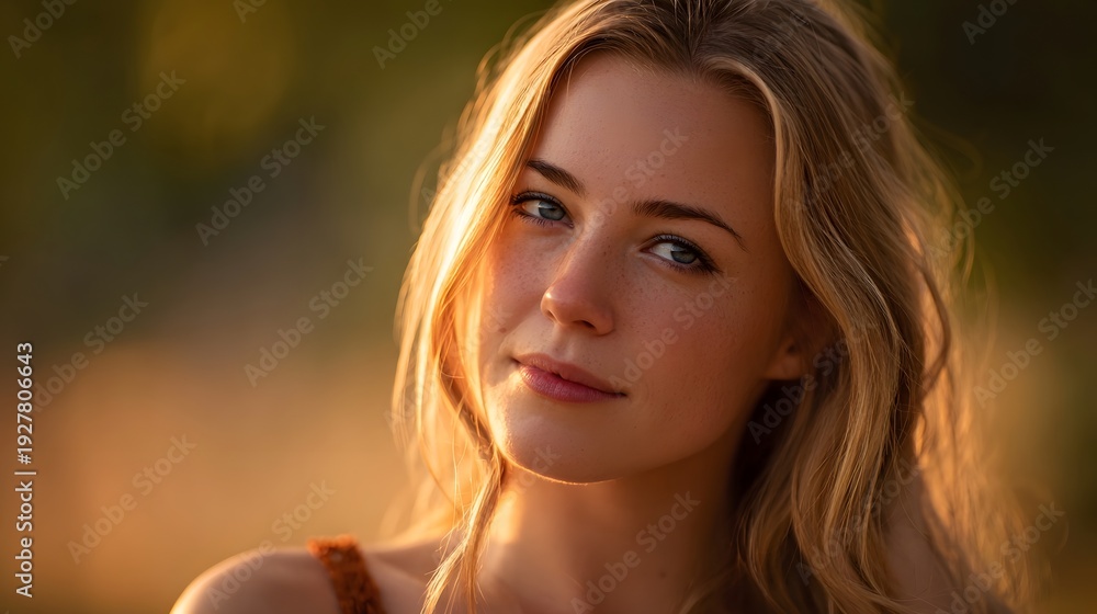 Naklejka premium Close up portrait of a young woman with blonde hair and freckles bathed in the warm golden glow of late afternoon sunlight
