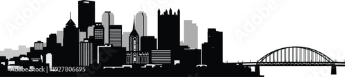 Pittsburgh Pennsylvania skyline silhouette with downtown skyscrapers and arch bridge, detailed urban cityscape isolated on white background
