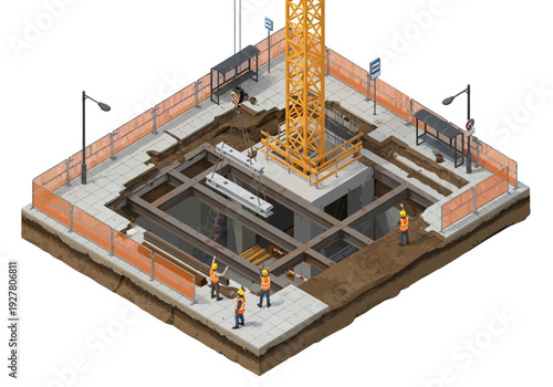 Construction of a new building using a crane and workers at a building site
