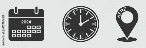 Address time date icons set, featuring location pin, clock, and calendar symbols with editable stroke for scheduling and contact design.