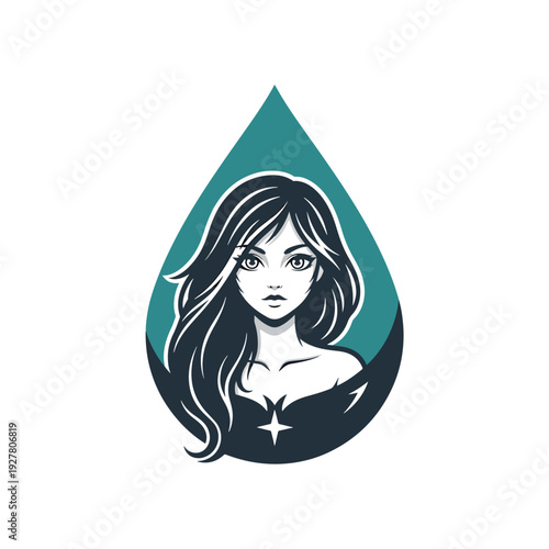 Elegant Mysterious Woman Illustration within a Stylized Water Drop Shape, Digital Vector Artwork