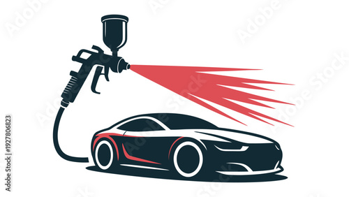 A spray gun painting a sleek sports car with vibrant red color