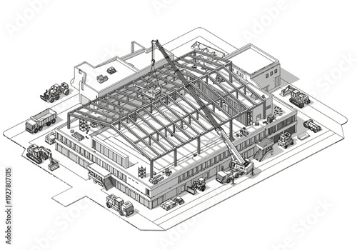 Isometric illustration of a construction site with a building frame and heavy machinery in progress