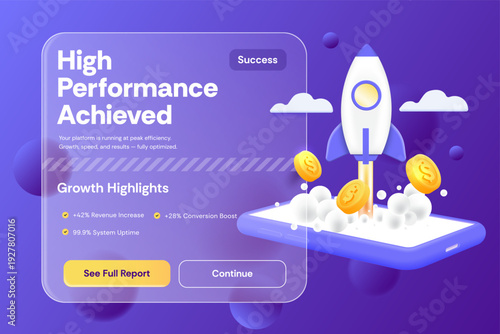 Modern 3D business growth banner featuring rocket launch, revenue increase concept, and high performance analytics. Ideal for SaaS platforms, startup scaling, fintech applications, digital marketing