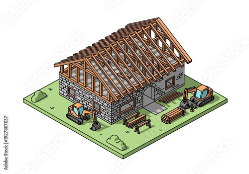 Isometric illustration of a house under construction with stone walls, wooden roof trusses, and two excavators on site