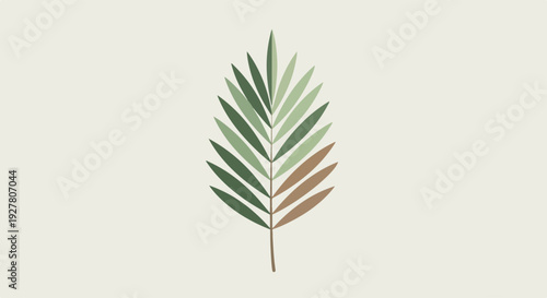Palm leaf illustration with green and brown hues on light background symbolizing nature and serenity in a minimalist style