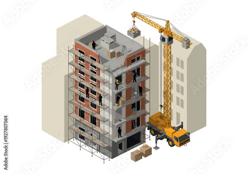 Construction of a tall building with workers, scaffolding, crane, and materials