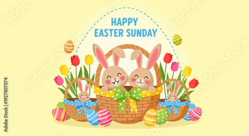 Two cute bunnies in easter baskets with colorful eggs and tulips on yellow background celebrating happy easter sunday