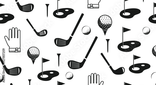 Seamless pattern with golf equipment icons in black and white.