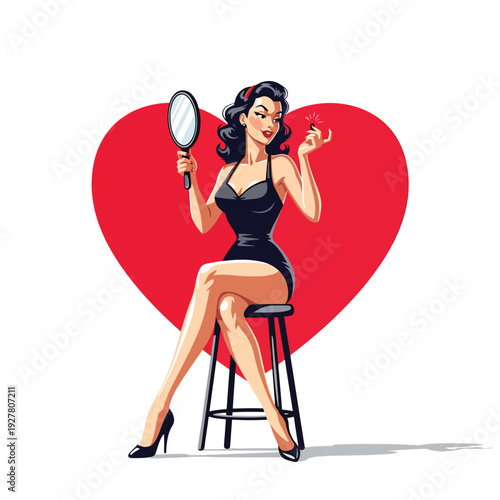 Elegant retro woman admiring a sparkling jewel with a mirror, stylized vector illustration, full-body studio scene.