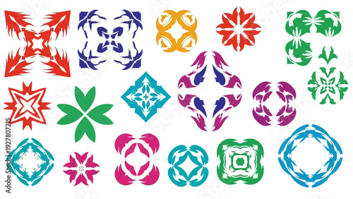 Collection of colorful symmetrical floral and geometric patterns with vibrant shapes and intricate