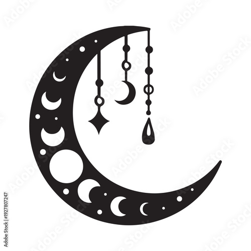 Bohemian Celestial Crescent Moon with Hanging Ornaments Silhouette