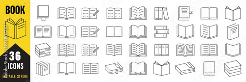 Book line icons set. Open brochure  magazine  literature  dictionary  audio book  learning  encyclopedia education  information reference vector illustration. Outline sign for library. Editable Stroke