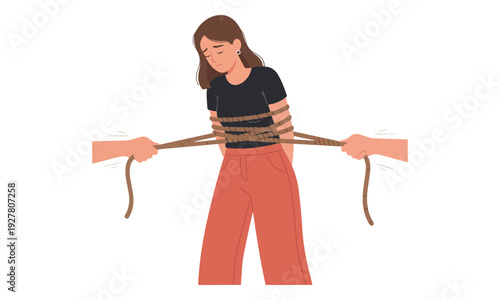 Woman Tied by Ropes, Hands Pulling, Symbolizing Oppression and Restriction
