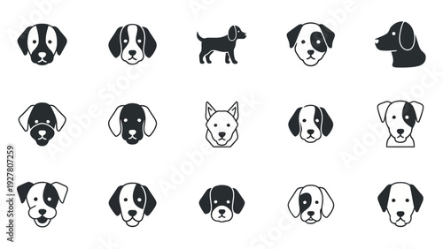 Collection of Cute and Expressive Dog Cartoon Icons in Black and White Style for Design Projects