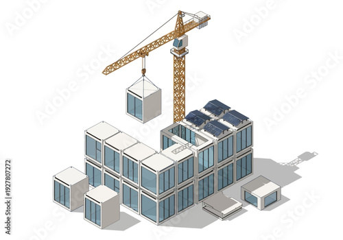 Modular construction in progress, crane lifting a prefabricated building unit onto a developing structure with solar panels on top