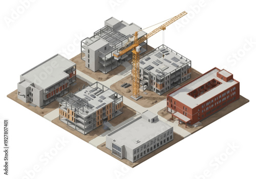 Isometric view of buildings under construction, showcasing different architectural stages and a crane