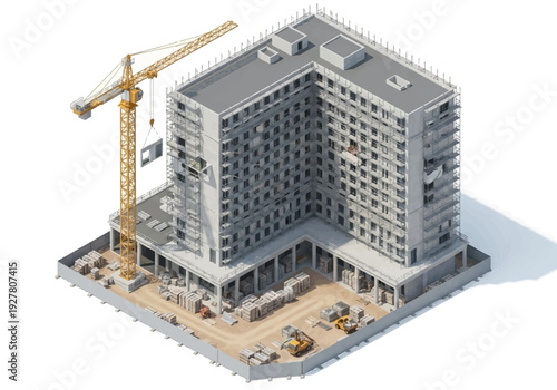 Construction site with a modern building under development and a large crane lifting materials