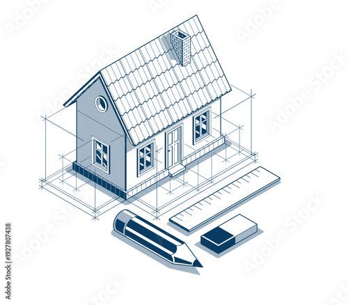 House project concept, 3D isometric vector illustration of a small house building project, construction architectural model, residential family small house.