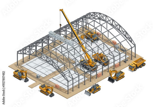 Construction of an industrial building with cranes, excavators, and dump trucks on a blueprint-style background, symbolizing industrial development and large-scale engineering projects