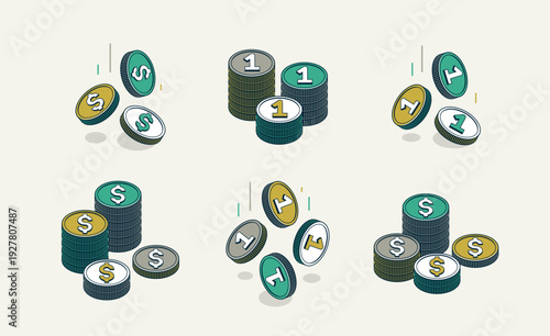 Coin piles vector set, stack of coins 3d isometric bundle, savings treasures and wealth theme, budget, exchange or jackpot concept.