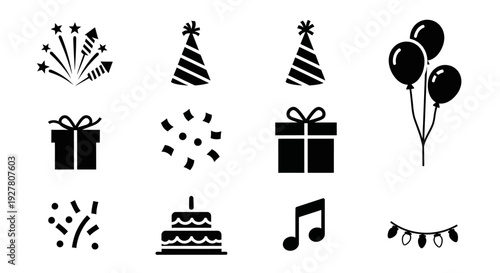 Birthday Party Celebration Icon Set Featuring Party Hats, Confetti, Gift Box, Music Notes and Festive Cake Symbols for Event Decoration and Celebration Themes