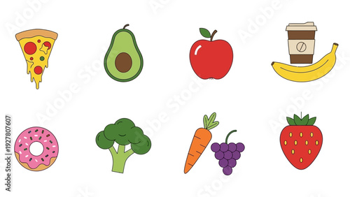 Collection of healthy food icons including pizza apple and vegetables for dietary choices