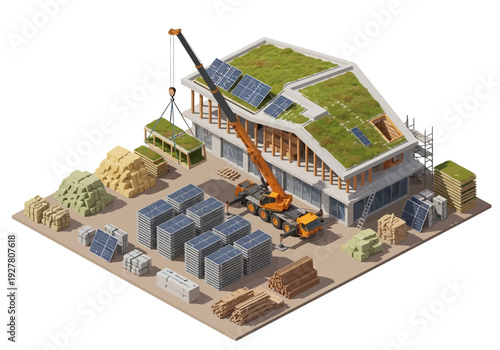 Sustainable construction site with green roof and solar panels, featuring a crane lifting materials and prefabricated modules