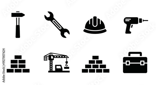 Construction Tools and Engineering Icon Set Featuring Wrench, Safety Helmet, Tower Crane and Brick Wall Symbols for Building Industry, Contractor Services and Infrastructure Development Graphics