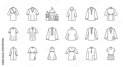 Clothing Line Icon Collection Featuring Shirts, Dresses and Apparel Variations, Fashion Outline Symbols for Textile Design, Garment Manufacturing and Retail Store Graphics