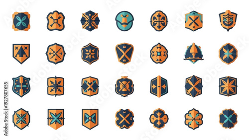 Collection of geometric and heraldic shield badges with intricate patterns and colorful designs