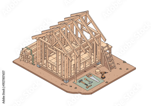 Construction of a wooden house frame with tools and materials on a plot of land