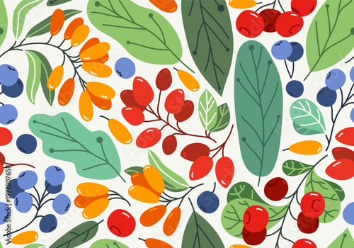 Fresh berries seamless background, different forest wild berries tiling wallpaper, elements easy to use separately.