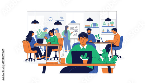 Modern office workspace with diverse team collaborating