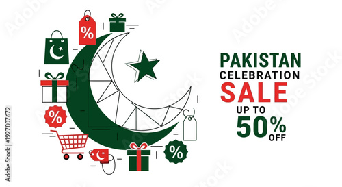 Pakistan Independence Day Sale Promotional Poster Featuring Crescent Moon and Star Design, National Celebration Theme, Green and White Branding, Discount Offer Advertisement and Patriotic Marketing Ba