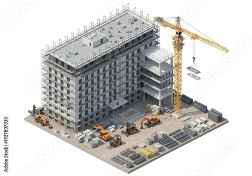 Construction site with heavy machinery and building in progress