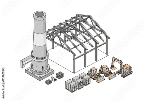 Industrial construction site with machinery and a factory building under development, including heavy equipment like excavators and forklifts, ready for operation