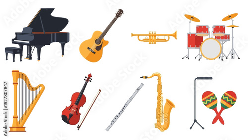 Collection of Musical Instruments Including Piano Guitar Drums Harp Violin Flute Saxophone and
