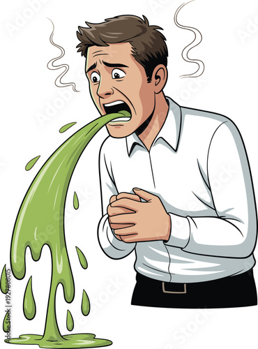 Sick adult man vomiting green liquid with nausea and stomach pain isolated on white background medical cartoon illustration