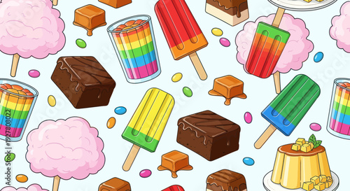 A seamless cartoon pattern featuring colorful sweet treats and desserts
