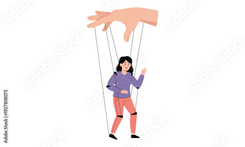 Woman Marionette Controlled by Giant Hand with Strings Illustration