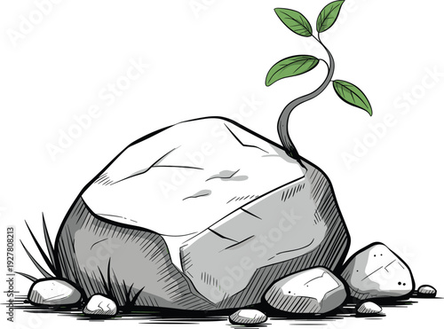 Small green plant growing from cracked rock with stones isolated on white background environmental concept illustration