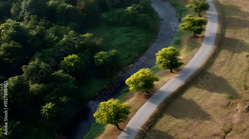 Aerial view of a scenic winding river and paved road passing through a lush forest and dry grassy landscape under gentle sunlight