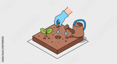 Hand Planting Seedling in Soil with Watering Can.