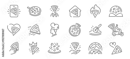 Pizza delivery and pizzeria line icons set. Fast food vector outline collection