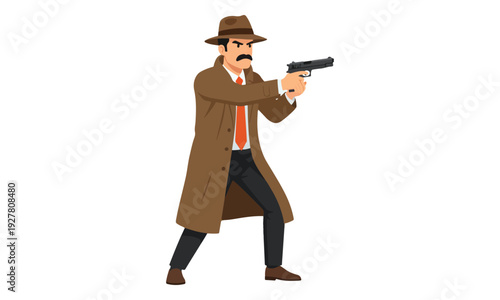 Retro detective character aiming handgun, wearing trench coat and fedora