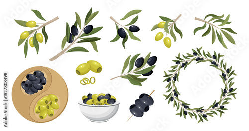 Large collection of olive elements including black and green olives, olive branches with leaves, olive wreath, wooden serving plate, bowl of olives, sliced olives, and olive skewer.
